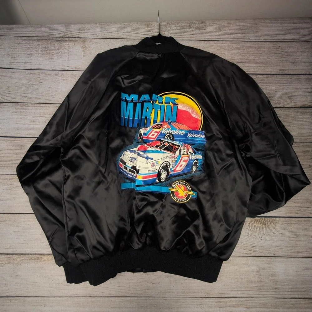 Mark Martin 6 Nascar Racing Bomber Jacket Mens XL Thunderbird Black Satin‎